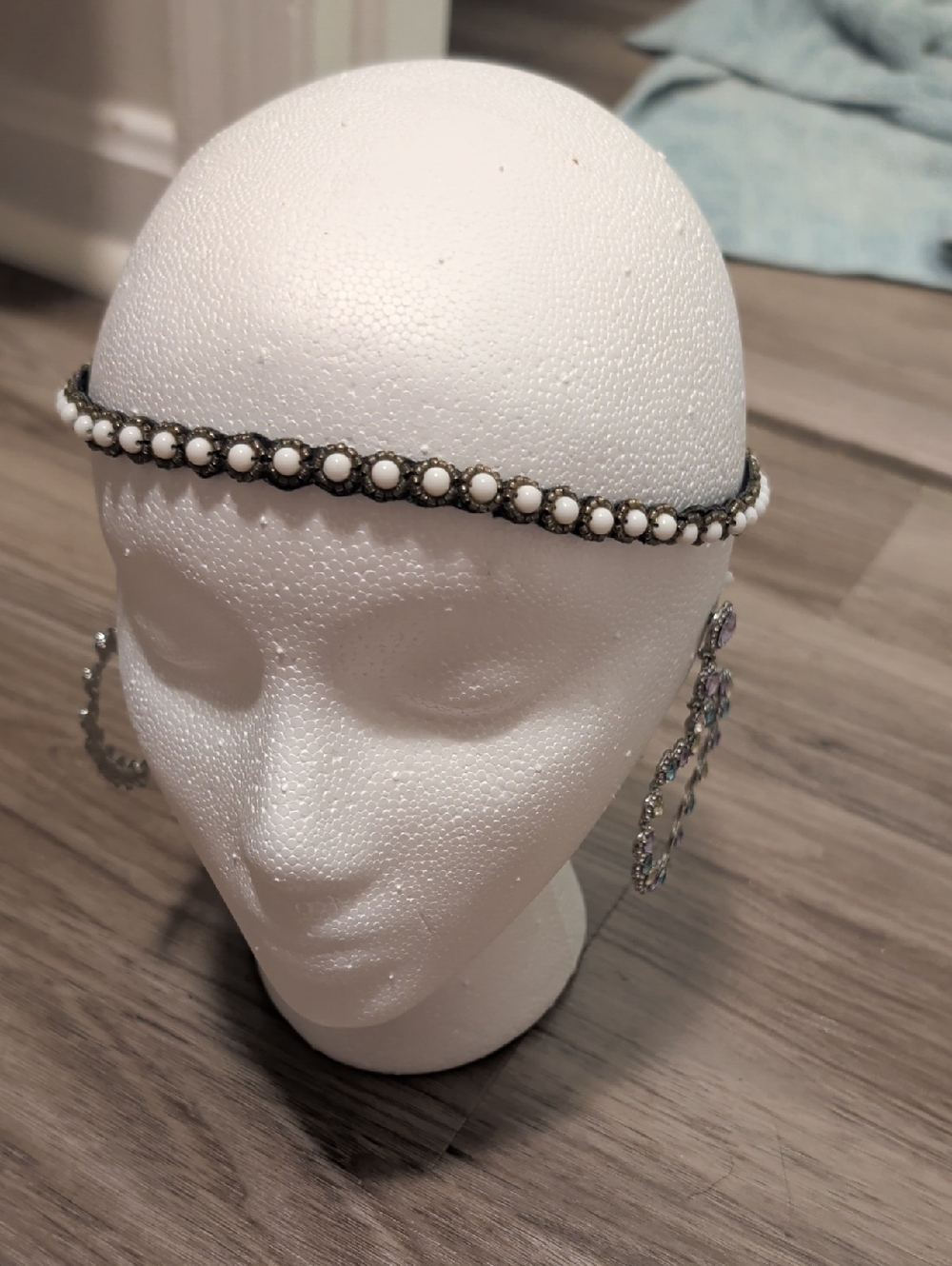 White Beaded Bohemian Headband with Antiqued Trim